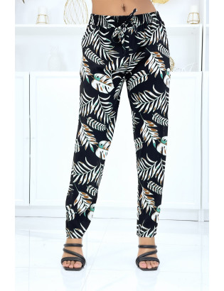 Pantalon noir à motif feuillage, fluide élastique à la taille - 1