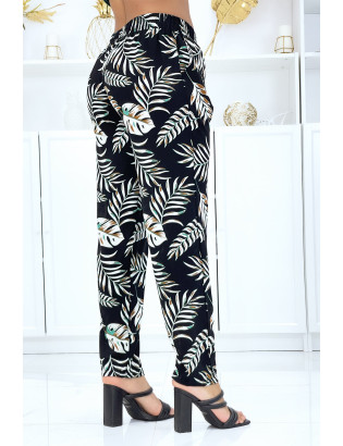 Pantalon noir à motif feuillage, fluide élastique à la taille - 3