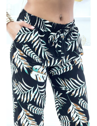 Pantalon noir à motif feuillage, fluide élastique à la taille - 4