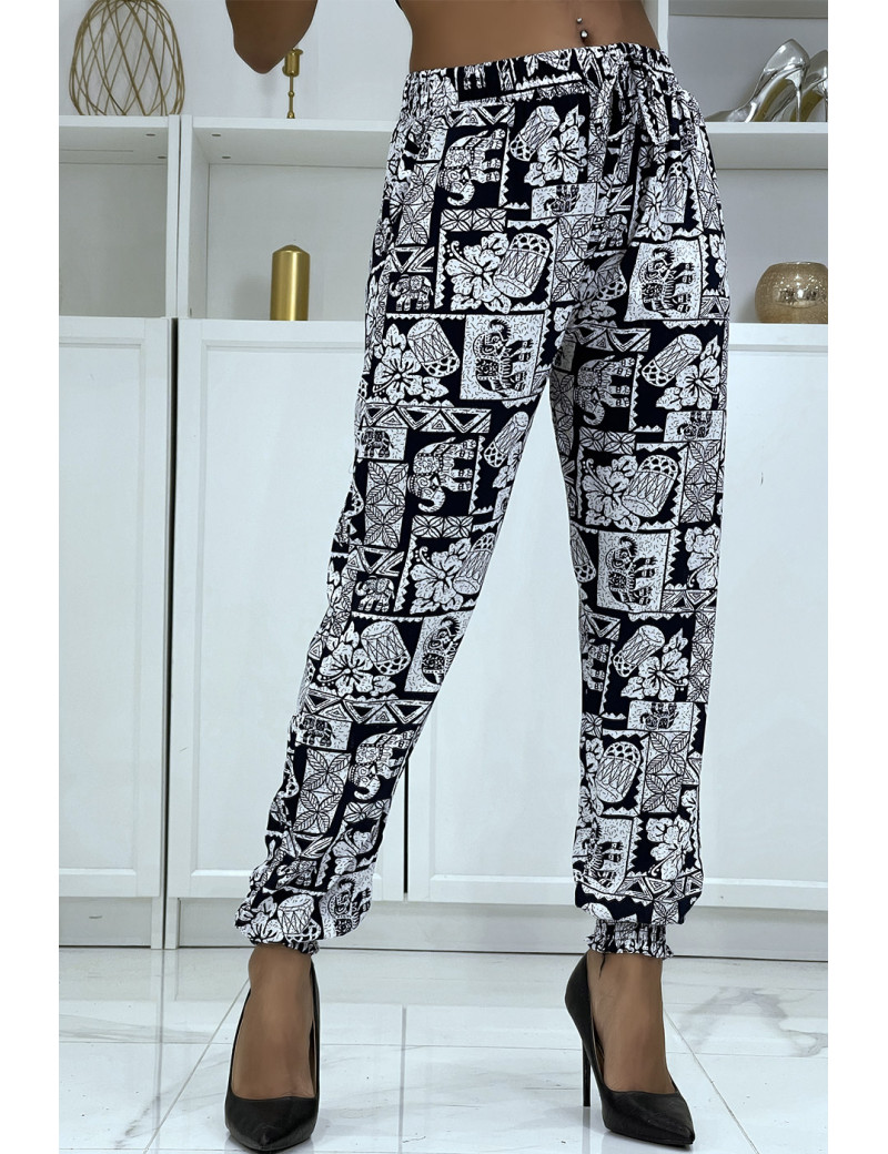 Pantalon fluide marine à motif ethnique A-21 - 1