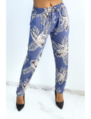 Pantalon fluide indigo à imprimé feuillage et fleuri - 1