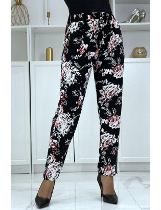 Pantalon cigarette fluide noir à imprimé fleurie B-35 - 4