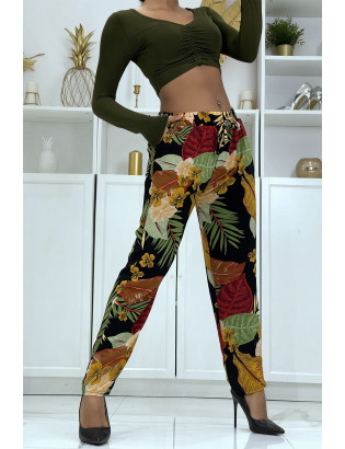 Pantalon fluide noir/moutarde à motif floral B-24 - 1