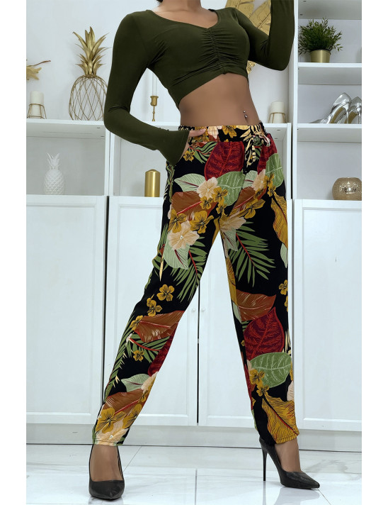 Pantalon fluide noir/moutarde à motif floral B-24 - 1