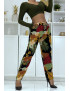 Pantalon fluide noir/moutarde à motif floral B-24 - 1