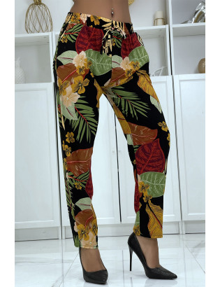 Pantalon fluide noir/moutarde à motif floral B-24 - 3
