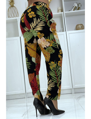 Pantalon fluide noir/moutarde à motif floral B-24 - 4