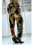 Pantalon fluide noir/moutarde à motif floral B-24 - 4