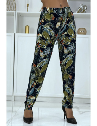 Pantalon fluide marine à motif floral B-23 - 1