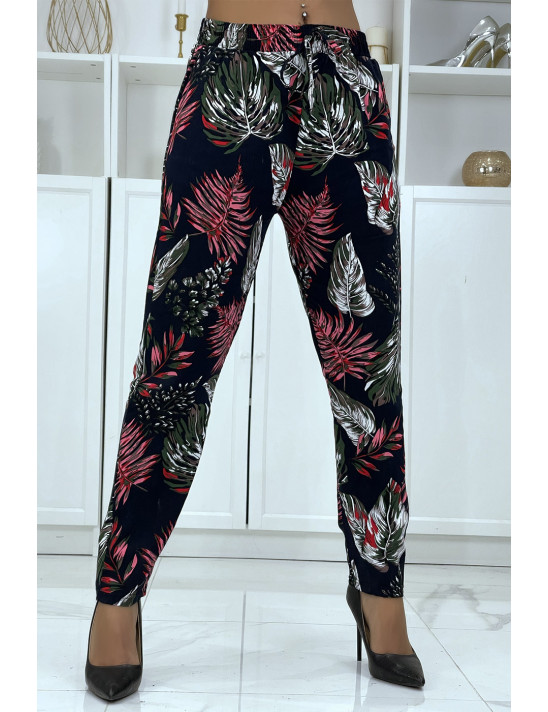 Pantalon fluide marine à motif floral B-15 - 1