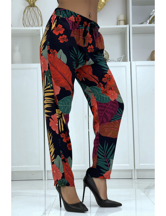 Pantalon fluide noir/rouge à motif floral B-24 - 1