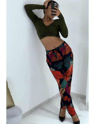 Pantalon fluide noir/rouge à motif floral B-24 - 4