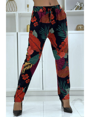 Pantalon fluide noir/rouge à motif floral B-24 - 5