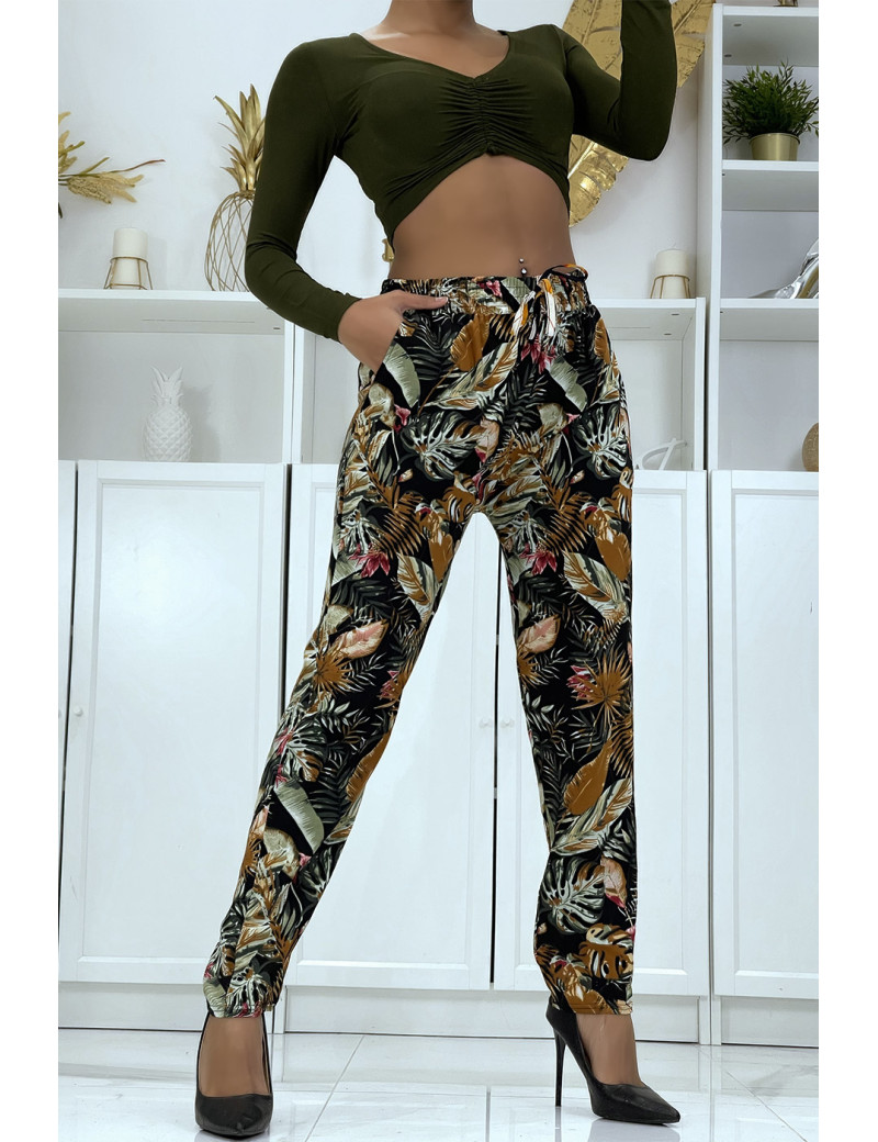 Pantalon fluide noir à motif floral B-23 - 1