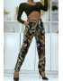 Pantalon fluide noir à motif floral B-23 - 1