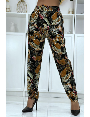 Pantalon fluide noir à motif floral B-23 - 4