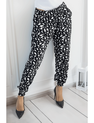 Pantalon ample noir à imprimé centaines de plumes - 1