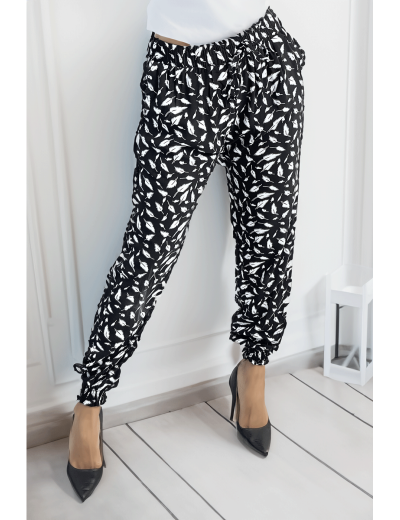 Pantalon ample noir à imprimé centaines de plumes - 1
