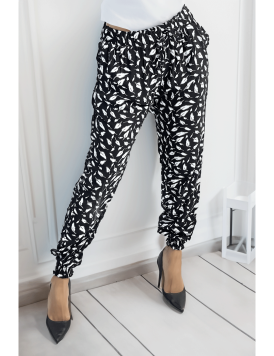 Pantalon ample noir à imprimé centaines de plumes - 1 Pantalon ample noir à imprimé centaines de plumes - 1
