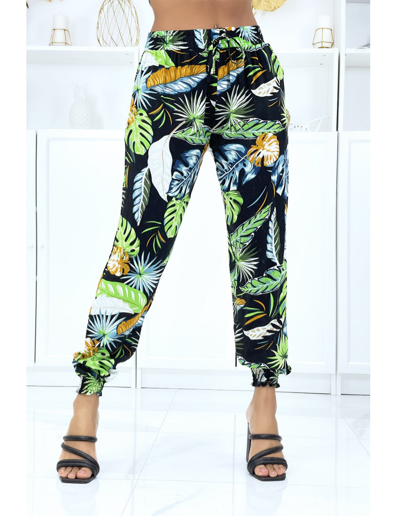 Pantalon à plumes vert anis fluide élastique à la taille et aux chevilles - 1