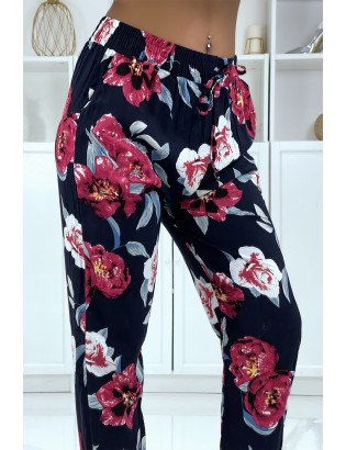 Pantalon fluide marine à motif floral B-11 - 1