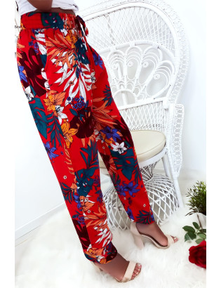 Pantalon fluide très agréable à porter en coton, motif fleuri rouge avec poche et lacet - 6