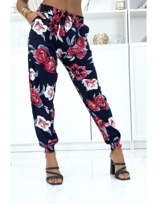 Pantalon marine à fleurs fluide élastique à la taille et aux chevilles - 1