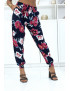 Pantalon marine à fleurs fluide élastique à la taille et aux chevilles - 1