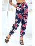 Pantalon marine à fleurs fluide élastique à la taille et aux chevilles - 2