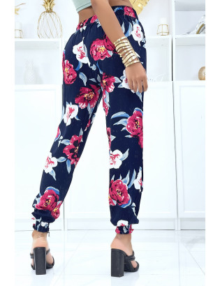 Pantalon marine à fleurs fluide élastique à la taille et aux chevilles - 3