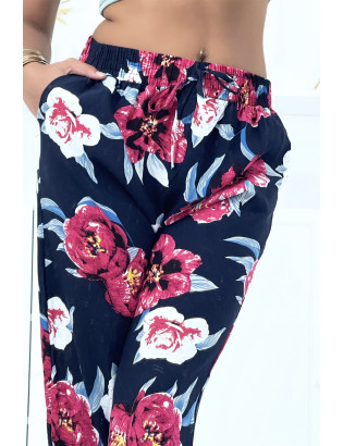 Pantalon marine à fleurs fluide élastique à la taille et aux chevilles - 4