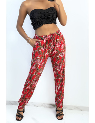 Pantalon fluide rouge coupe droite à imprimé feuillage coloré  - 1