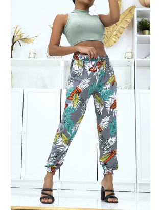 Pantalon feuillage gris fluide élastique à la taille et aux chevilles  - 1