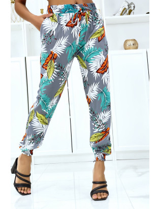 Pantalon feuillage gris fluide élastique à la taille et aux chevilles  - 3
