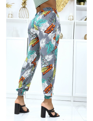 Pantalon feuillage gris fluide élastique à la taille et aux chevilles  - 4