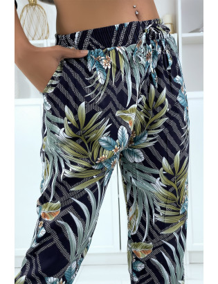 Pantalon fluide marine à motif floral a-14 - 1