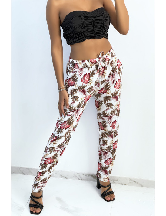 Pantalon fluide blanc coupe droite à imprimé feuillage coloré - 1 Pantalon fluide blanc coupe droite à imprimé feuillage coloré - 1