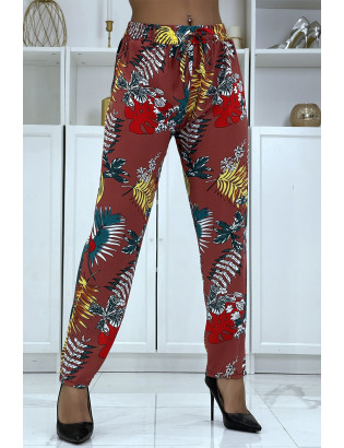 Pantalon fluide cognac à motif floral B-5 - 1