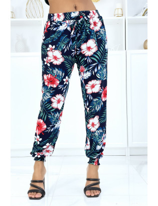 Pantalon marine à motif floral, fluide élastique à la taille et aux chevilles  - 1