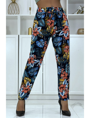 Pantalon fluide marine à motif floral B-29 - 1