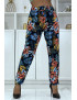 Pantalon fluide marine à motif floral B-29 - 1