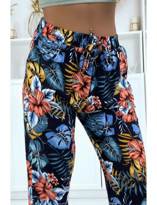 Pantalon fluide marine à motif floral B-29 - 3