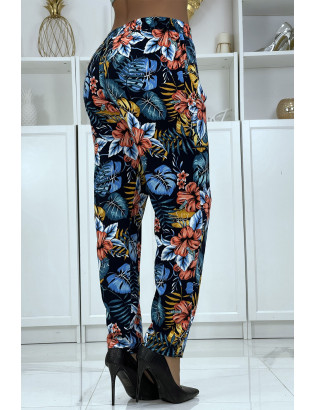 Pantalon fluide marine à motif floral B-29 - 4