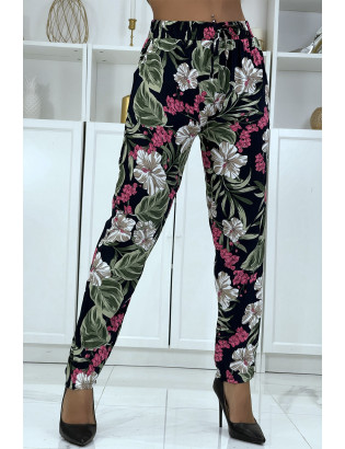 Pantalon fluide marine à motif floral B-21 - 1