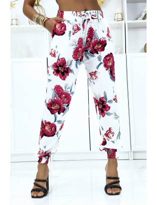 Pantalon blanc à fleurs fluide élastique à la taille et aux chevilles - 1