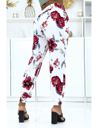 Pantalon blanc à fleurs fluide élastique à la taille et aux chevilles - 3