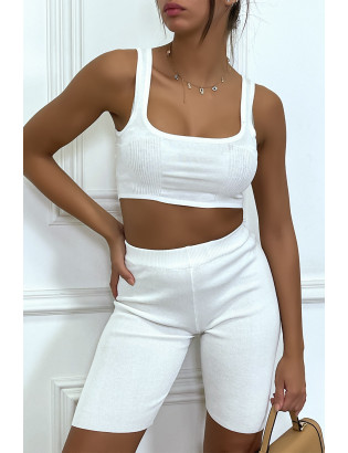 Ensemble blanc crop top et cycliste blanc en fine maille - 4