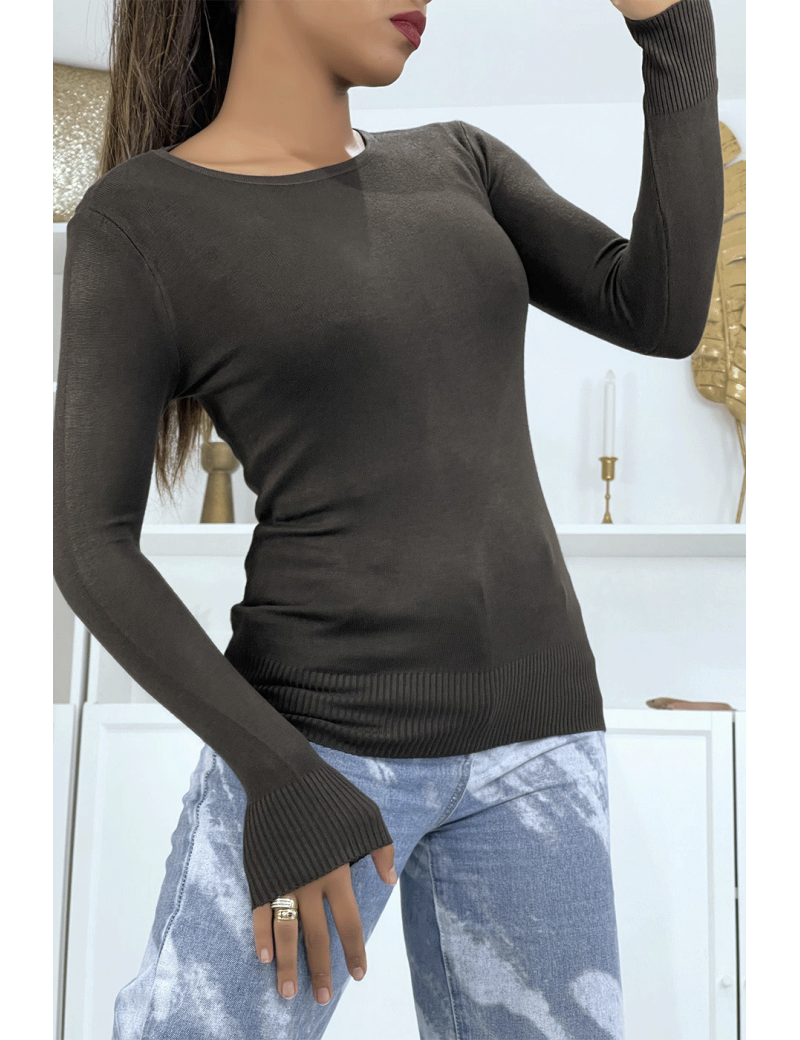 Pull marron col rond en maille tricot très extensible et très doux - 2