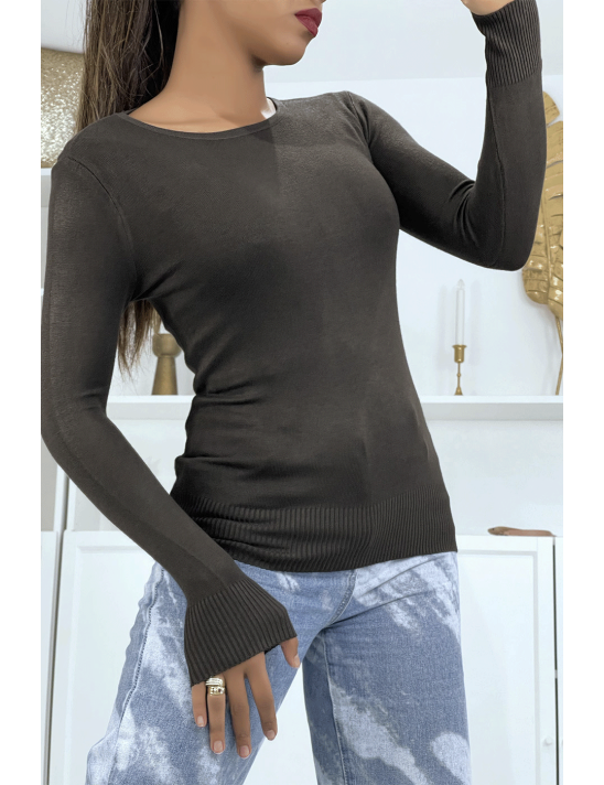 Pull marron col rond en maille tricot très extensible et très doux - 2