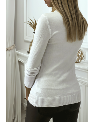 Pull blanc col rond en maille tricot très extensible et très doux - 4